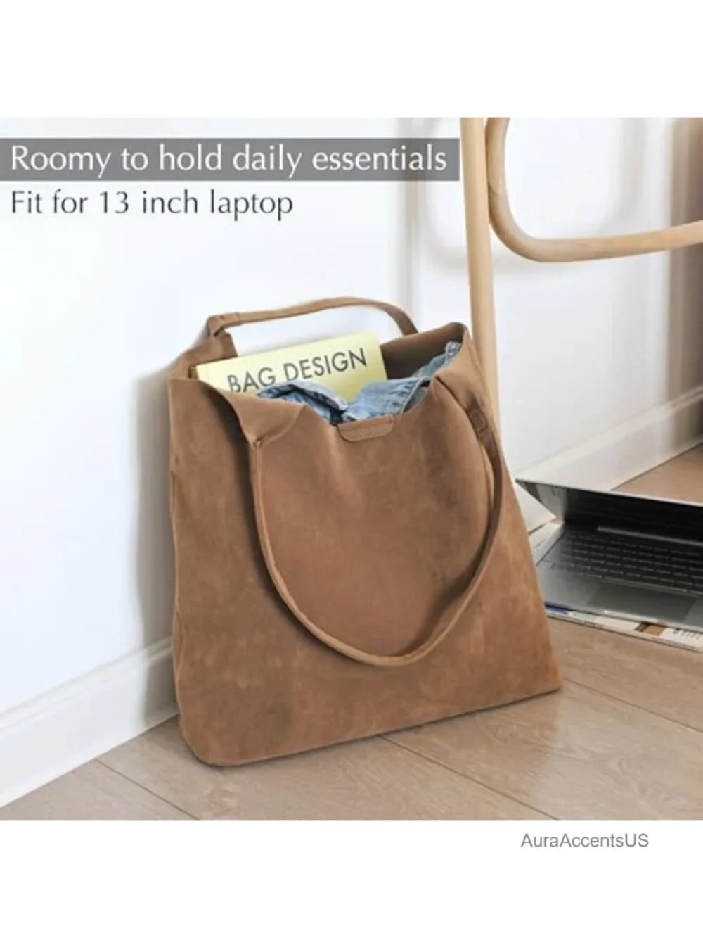 Faux Suede Hobo Tote Bag with Magnetic Closure - Lightweight Vegan Leather